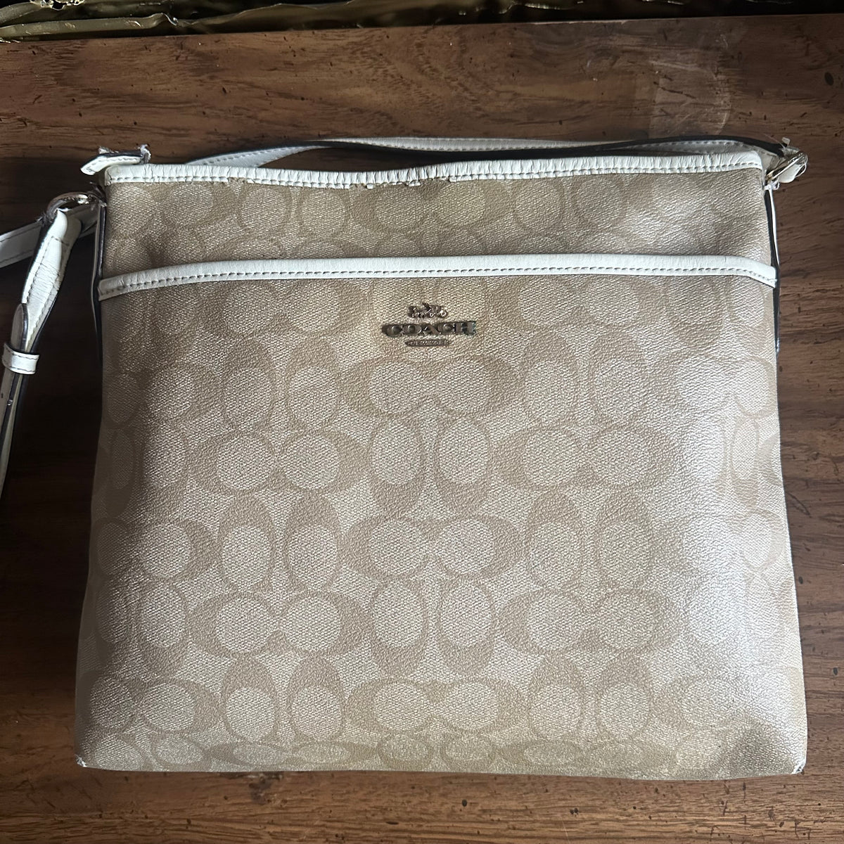 Coach F58297 Cream and Tan Signature File Crossbody Bag