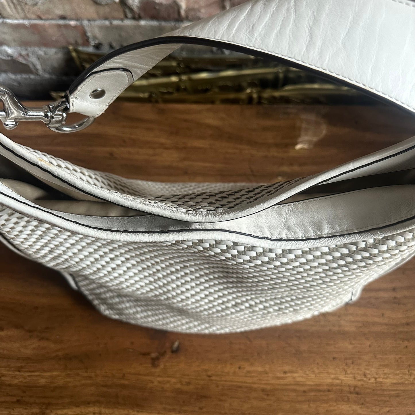 Coach F29894 Park Avery White and Metallic Gold Woven Leather Hobo Bag