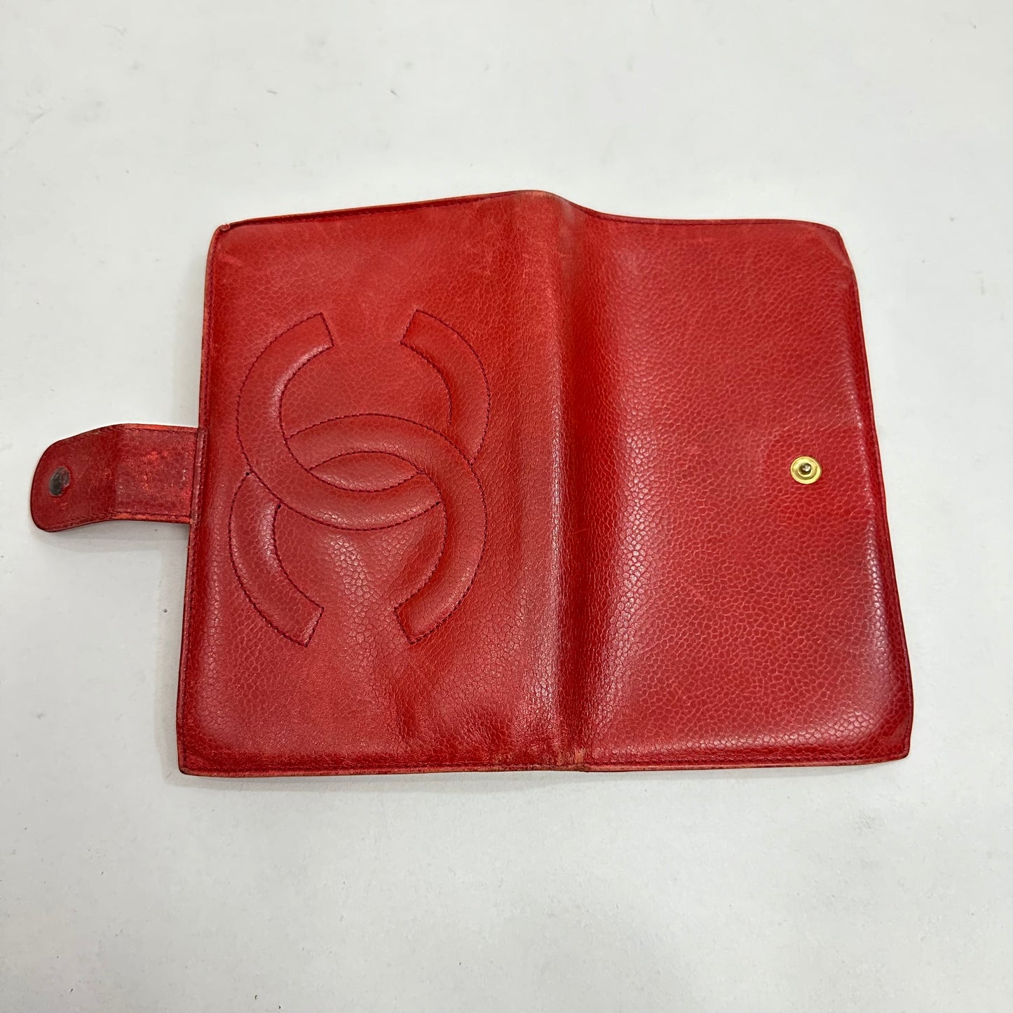 Vintage Chanel Red Caviar Skin Leather Big Coco Mark Long Wallet