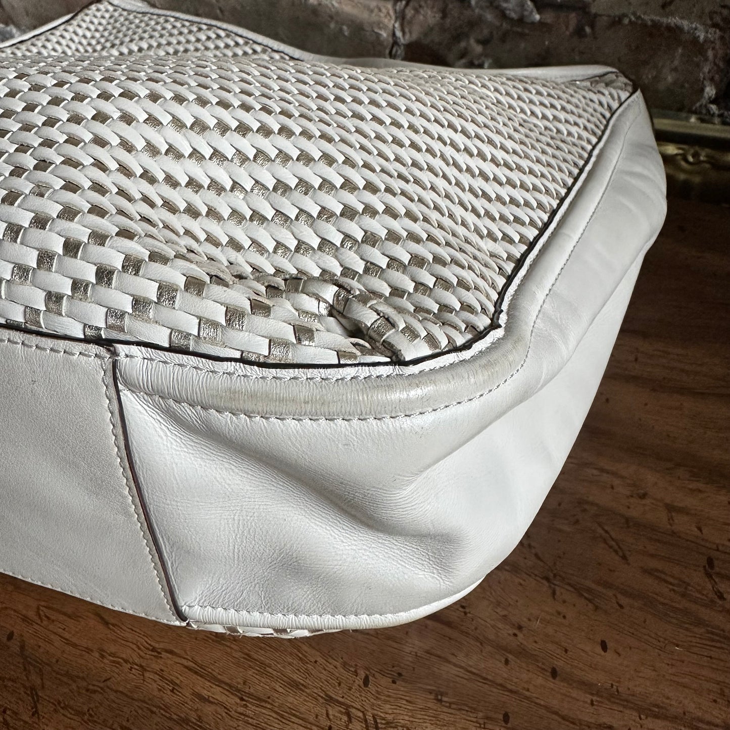 Coach F29894 Park Avery White and Metallic Gold Woven Leather Hobo Bag