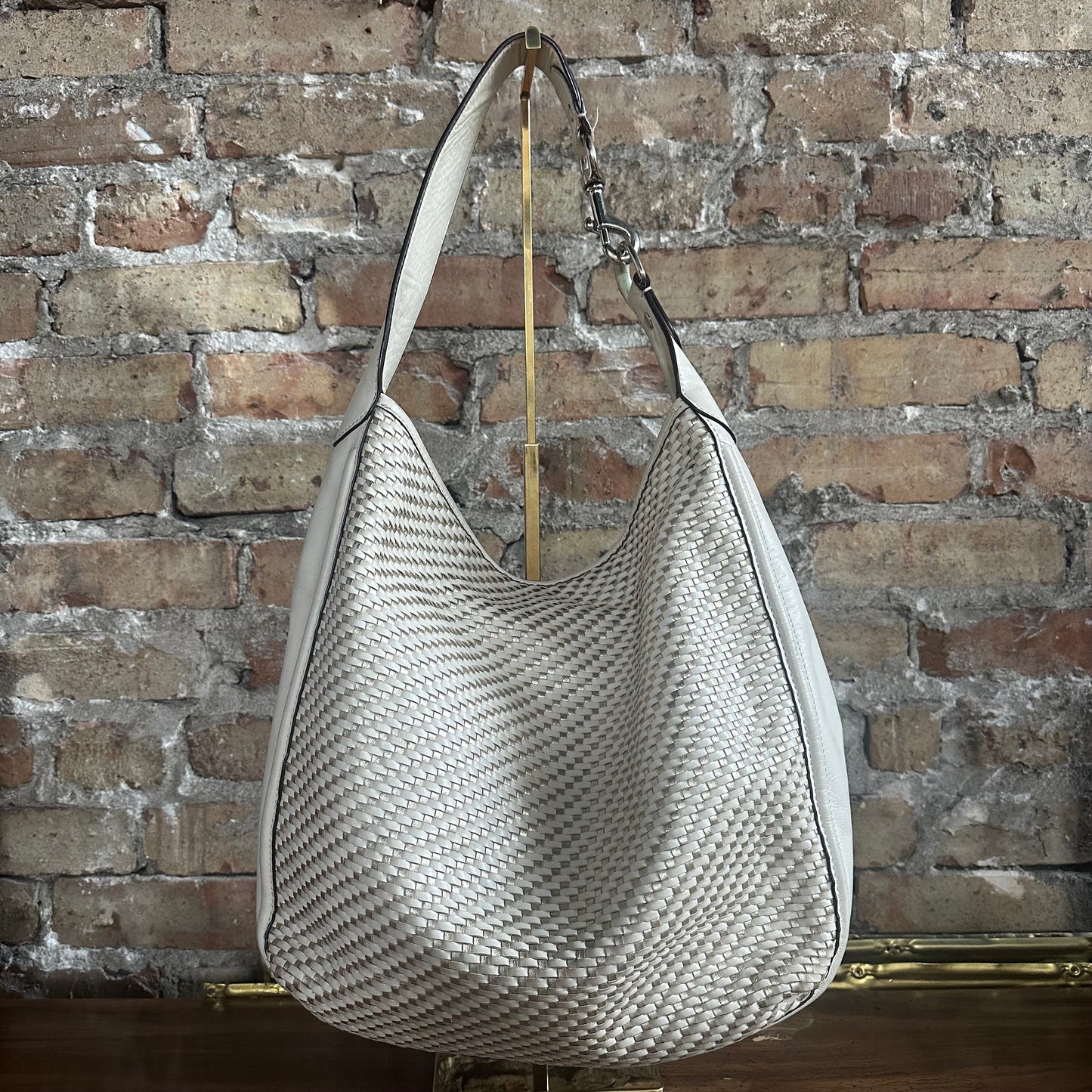 Coach F29894 Park Avery White and Metallic Gold Woven Leather Hobo Bag