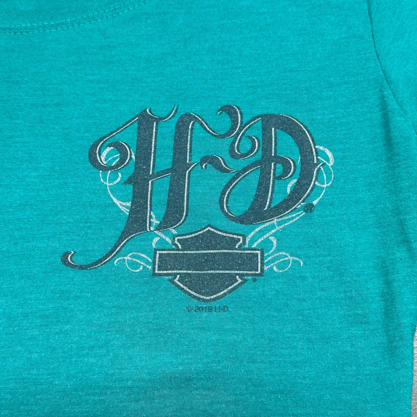 Reworked Harley Davidson Teal Cropped Baby Tee