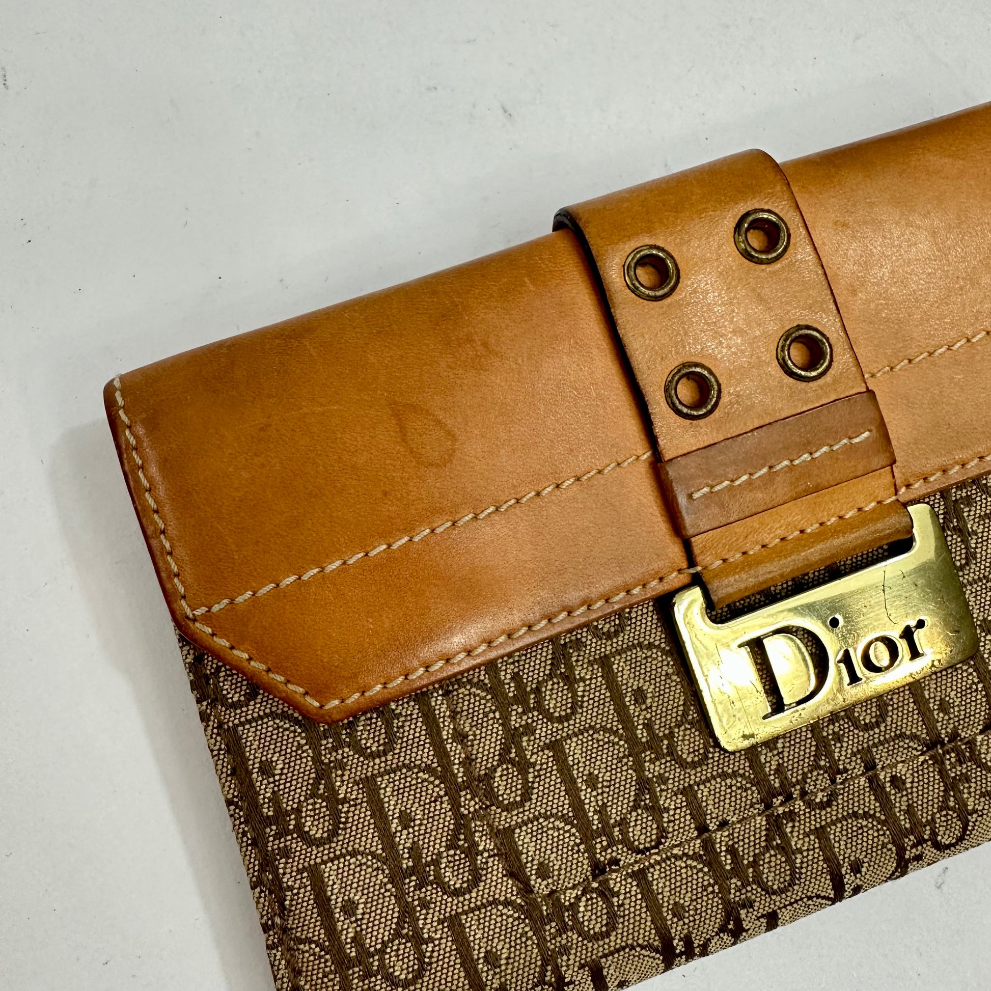 CHRISTIAN DIOR Tan Dark Brown Leather & Canvas Vintage Monogram Wallet