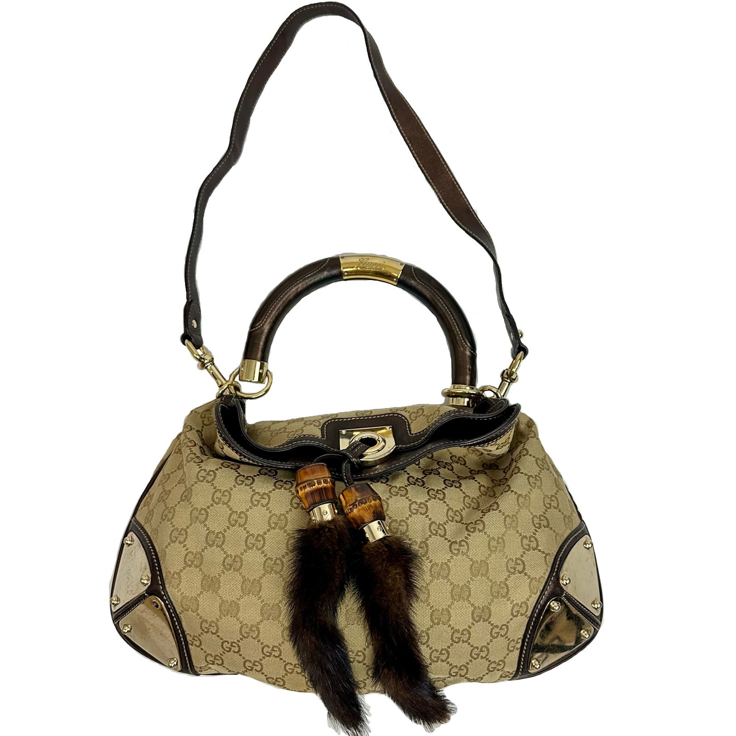 Vintage Gucci Monogram Canvas Mink Indy Hobo Bag