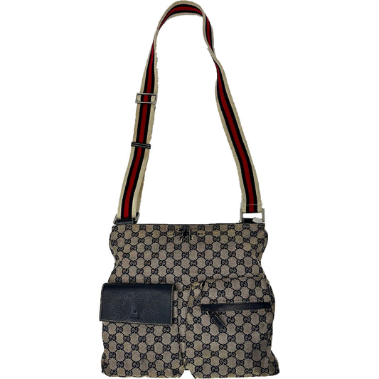 Gucci Navy Blue Canvas Flat Messenger Bag with Outer Pockets