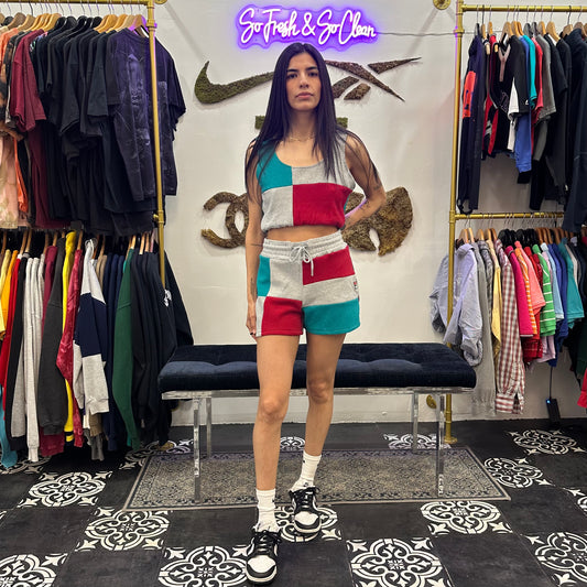 Reworked Vintage Fila Patchwork Crop Top & Shorts Set