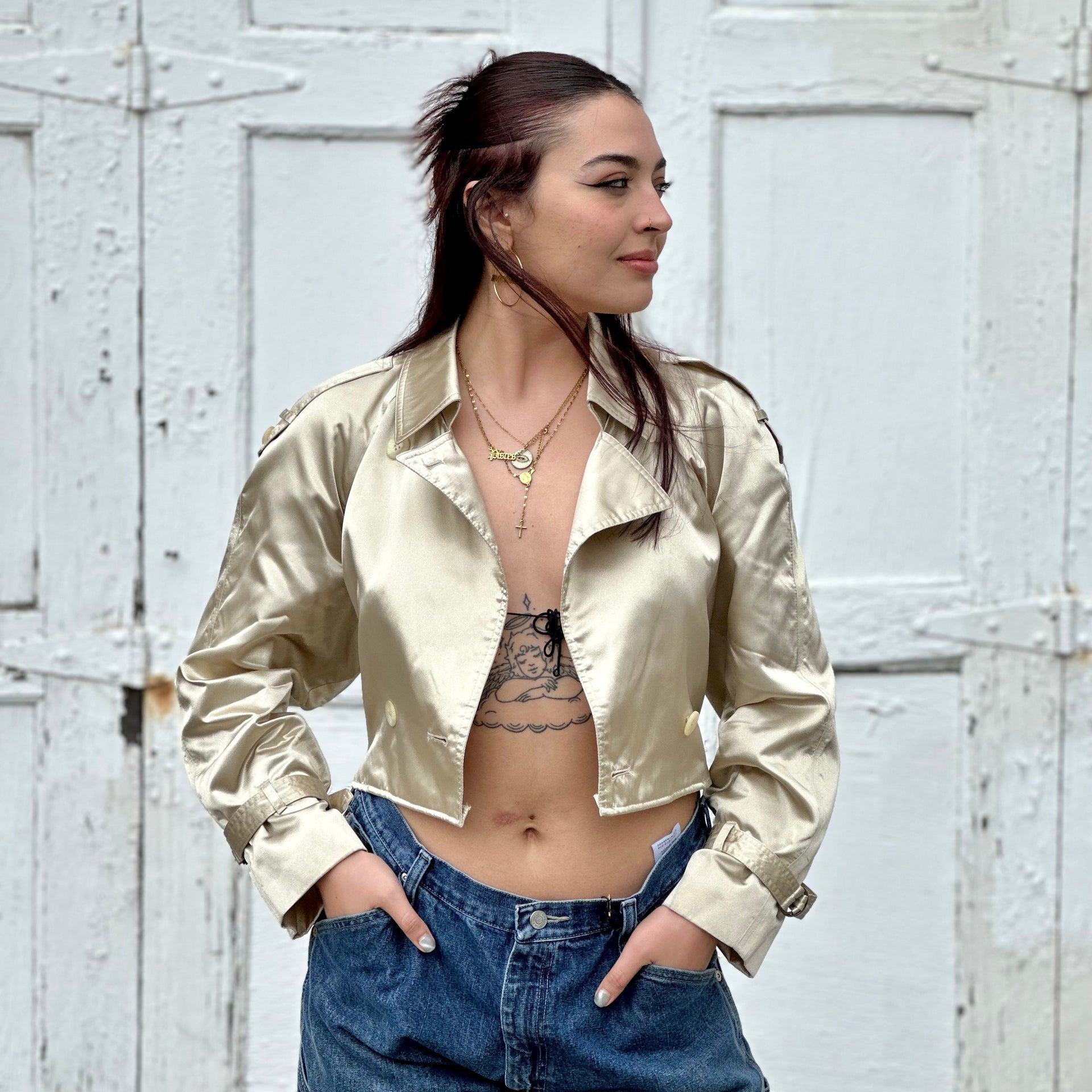 Reworked Vintage Misty Harbor Cropped Taupe Satin Trench Coat