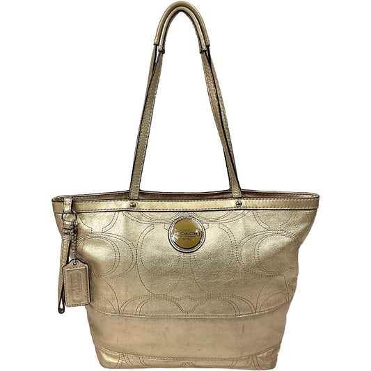 Coach F18877 Gold Metallic Signature Stripe Stitch Leather Tote