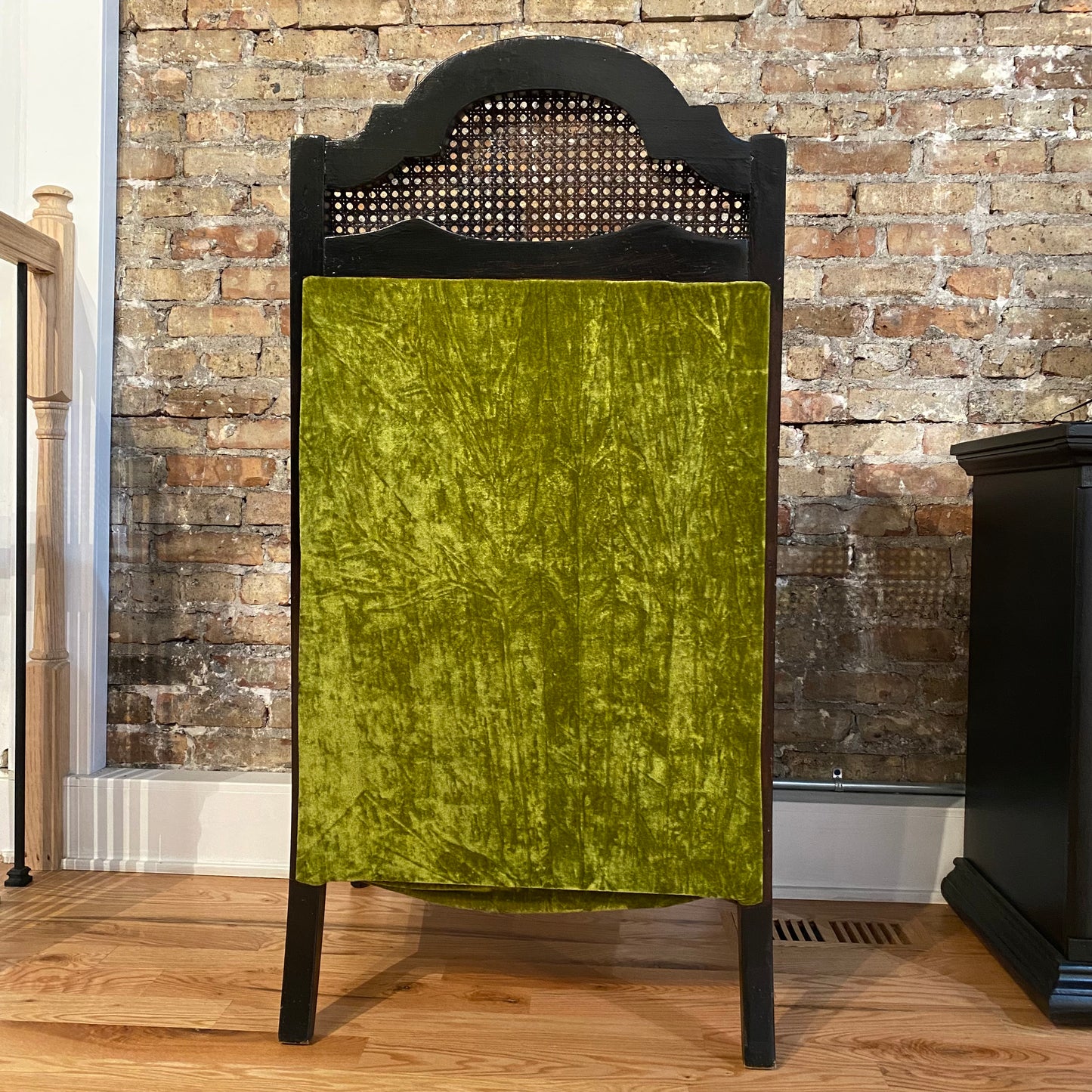 Green Velvet Cane and Wood Vintage Accent Chair