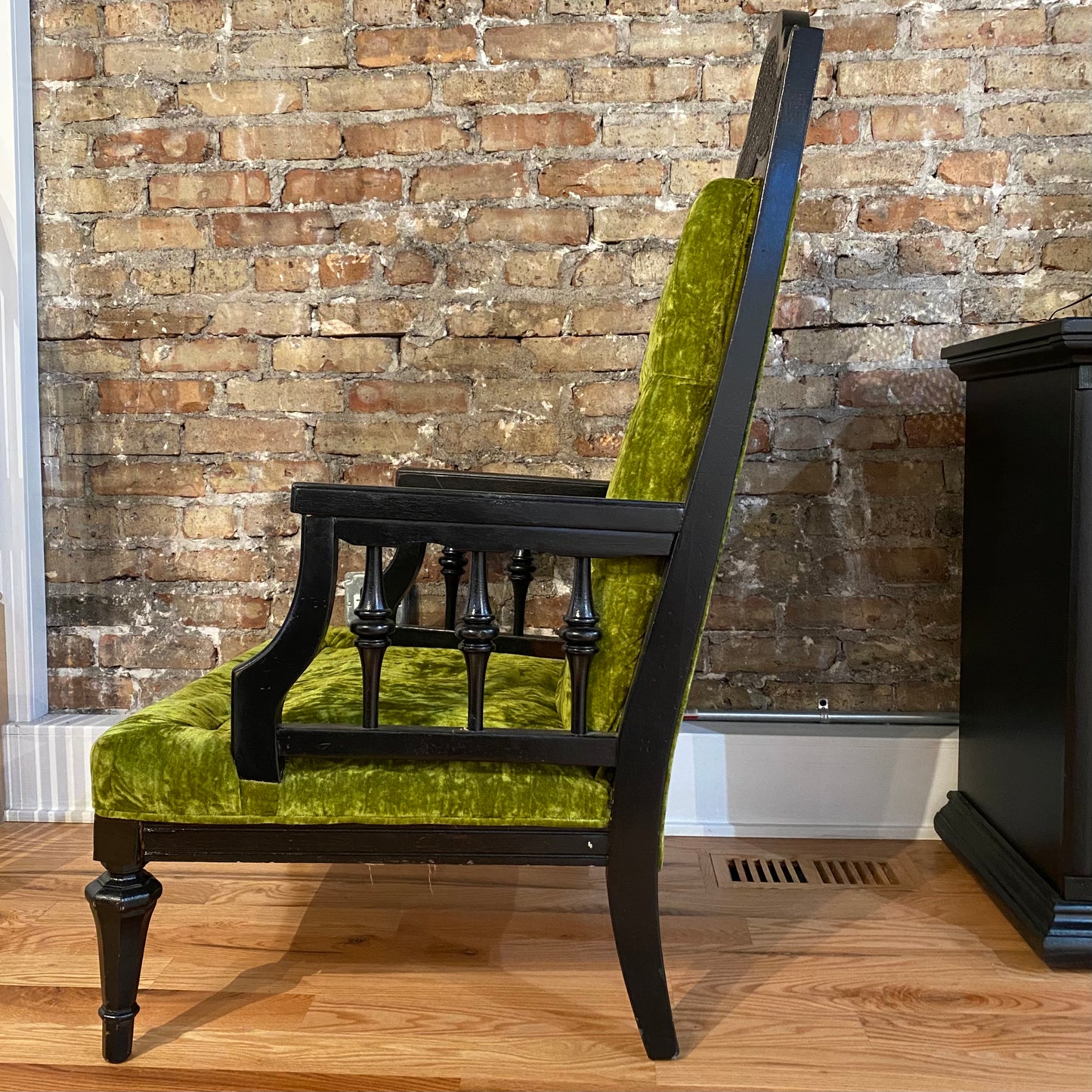 Green Velvet Cane and Wood Vintage Accent Chair