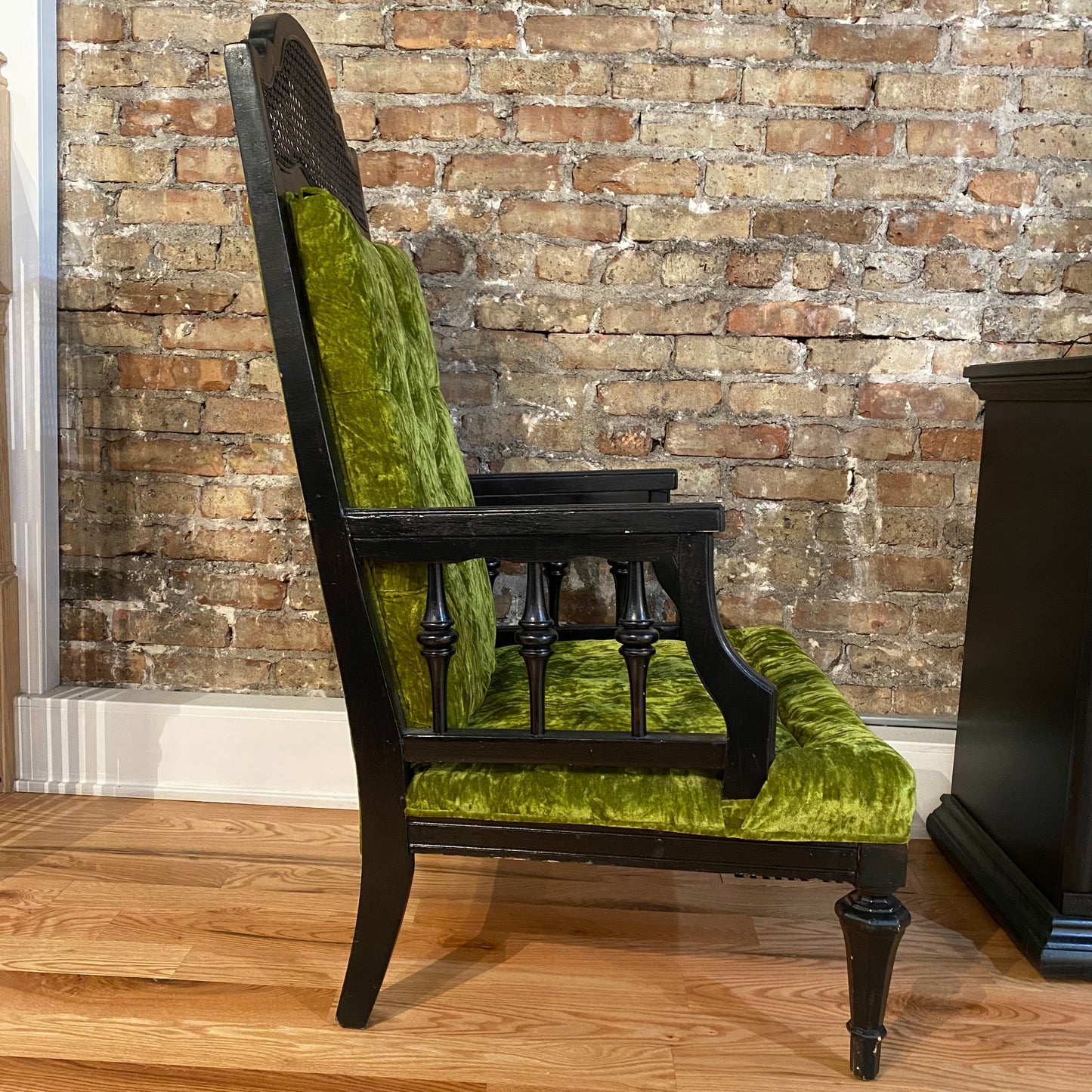 Green Velvet Cane and Wood Vintage Accent Chair