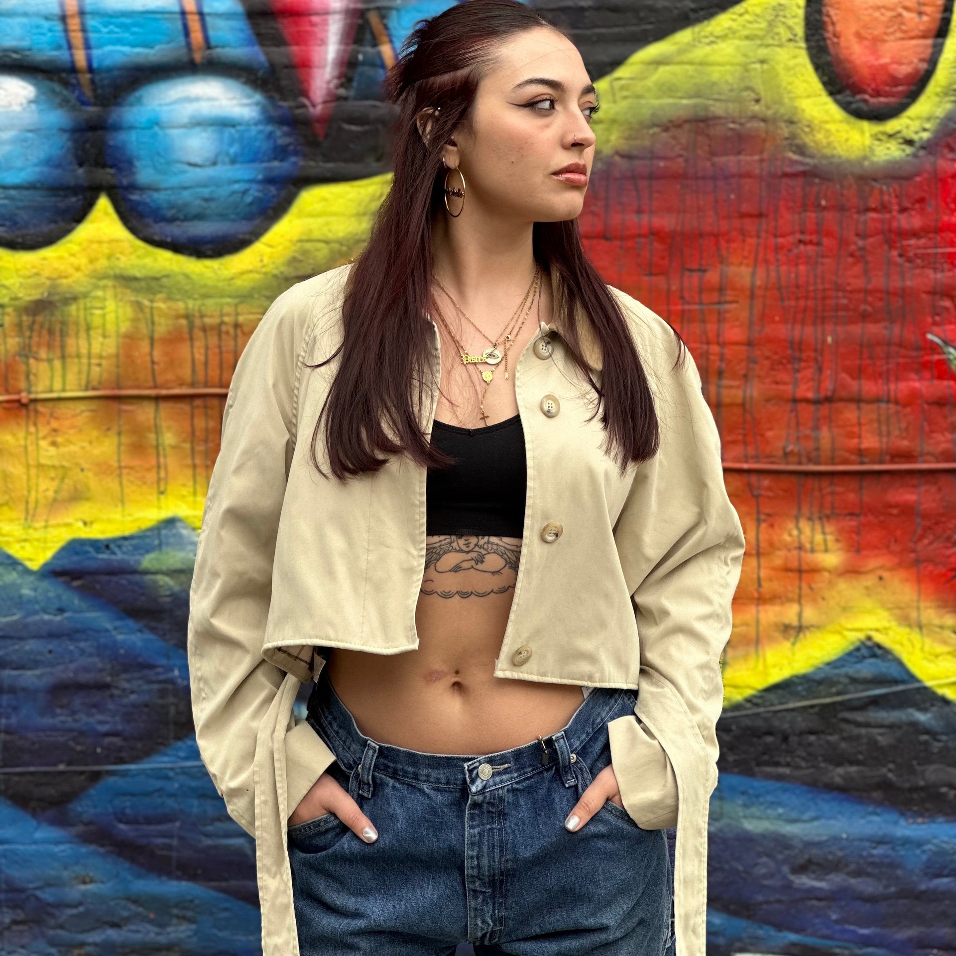 Reworked Vintage Cropped Beige Trench Coat